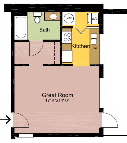 Floor plan for studio, 1 bath, 975 sqft